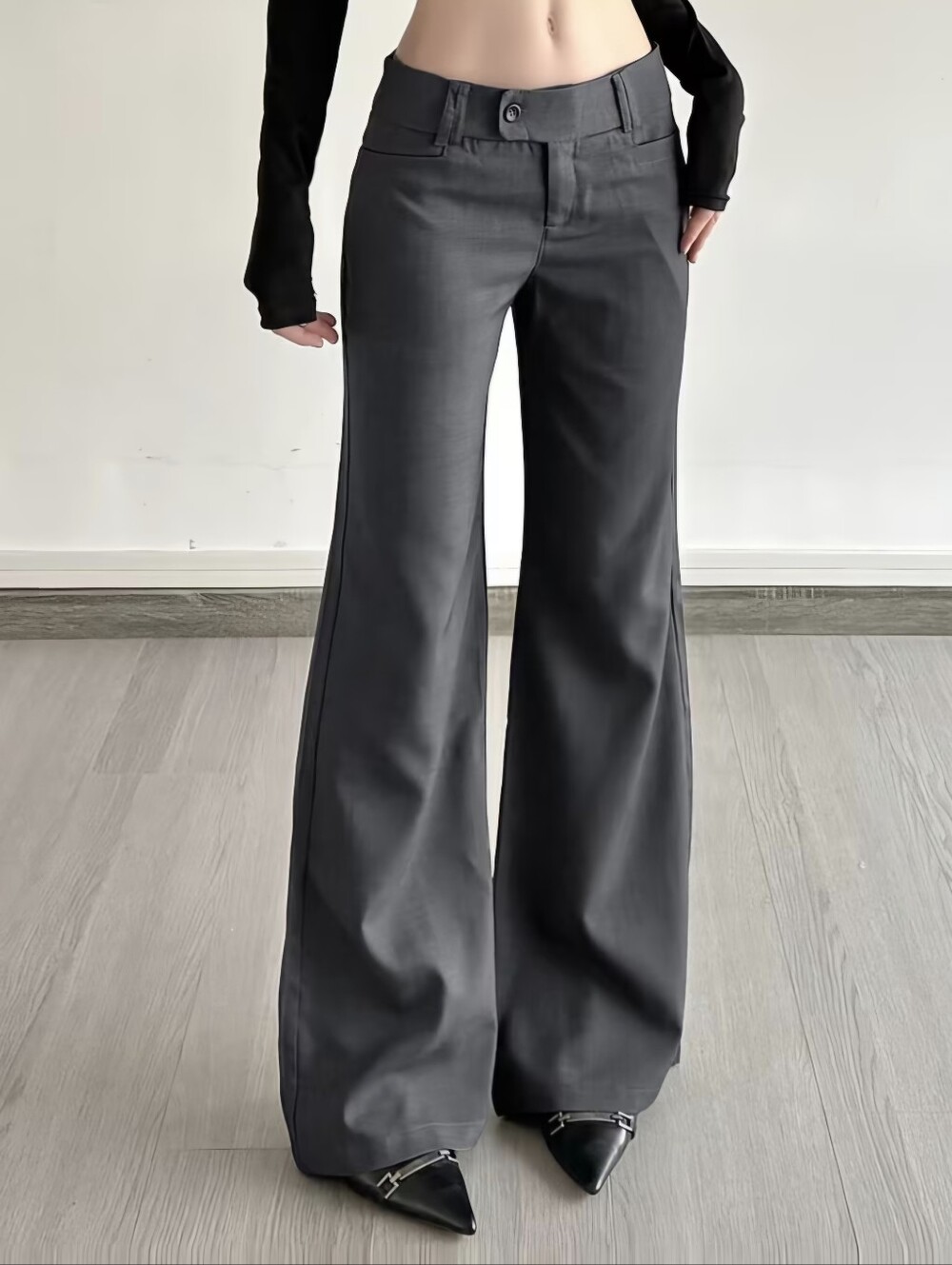 Dark Gray Low-Rise Loose Suit Pants for Women, All-Season Commuter Versatile